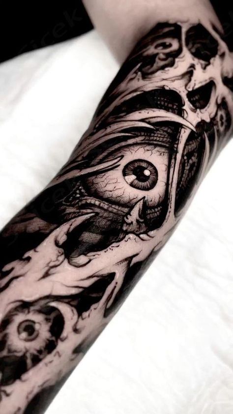 Black And Grey Tattoo Filler, Eldritch Tattoo Sleeve, Dark Eye Tattoo, Black Work Tattoo Sleeve, Creepy Eye Tattoo, Black Abstract Tattoo, Eldritch Tattoo, Sleeve Tattoos Men, Tattoos Eyes