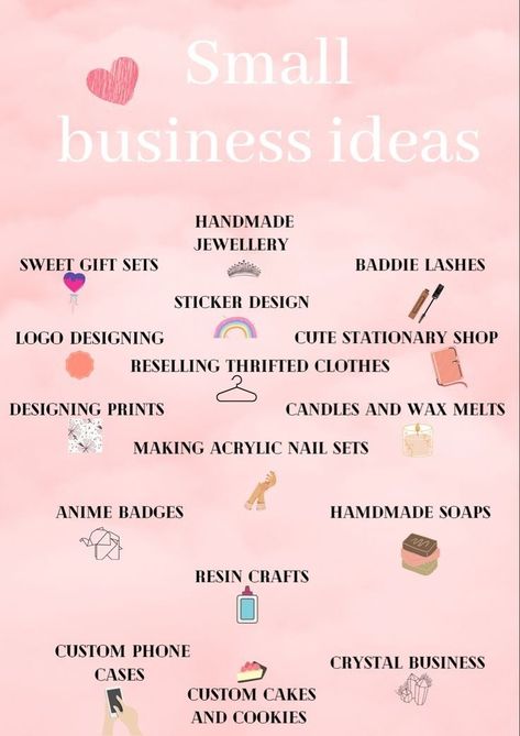 Small business ideas for teenager.Make your own money and be your own boss 💆. Ideas For Own Business, Homemade Small Business Ideas, Fun Business Ideas For Women, Teenage Small Business Ideas, Business Ideas For Beginners Diy, Small Boutique Items To Sell, Buissnes Ideas From Home, Small Business At Home Ideas, Businesses To Start With Little Money