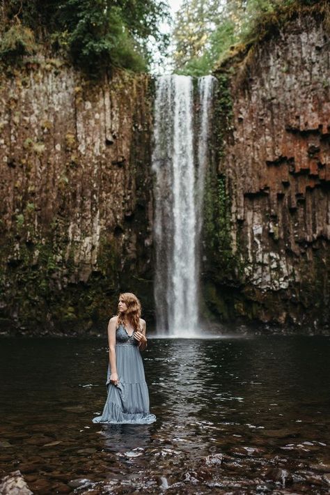 Senior Forest Pictures, Senior Waterfall Photoshoot, Waterfall Portrait Photography, Senior Pictures By Waterfall, Senior Picture Ideas Fairytale, Waterfall Graduation Pictures, Oregon Senior Pictures, Falls Photography Poses, Non Traditional Senior Photos