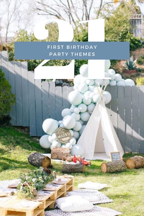 First Birthday Nature Theme, Unique First Birthday, Gender Neutral First Birthday Theme, Unique First Birthday Themes, Unique 1st Birthday Themes, Unique First Birthday Ideas, Outdoor First Birthday, Noah James, Happy Camper Birthday Party