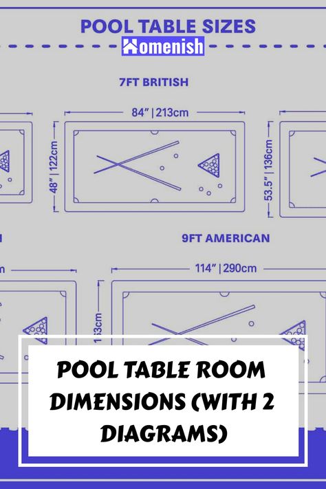 If you want to install a pool table in a room, then you will need to ensure that you allow enough playing space around the table so that any players can make a shot without their cue being restricted by a nearby wall. This means not only considering the size of the table but also the size of the cues and the amount of space they will take up when taking a shot at a ball in any position on the table. Game Room Dimensions, Pool Table Room Dimensions, Pool Table In Tight Space, Diy Billiard Table, Small Basement With Pool Table, Small Pool Table Room Ideas, Small Pool Table, Cove Lights, Pool Table Dimensions