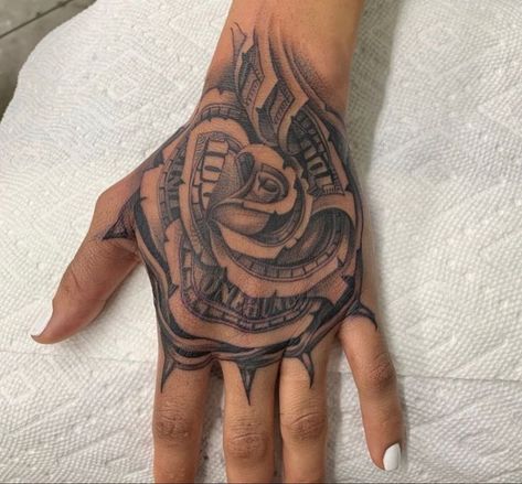 Money Rose Hand Tattoo For Women, Money Rose Hand Tattoo, Money Rose Tattoo, Gang Tattoos, Rose Hand Tattoo, Floral Thigh Tattoos, Hand Tattoos For Girls, Hand And Finger Tattoos, Pretty Hand Tattoos