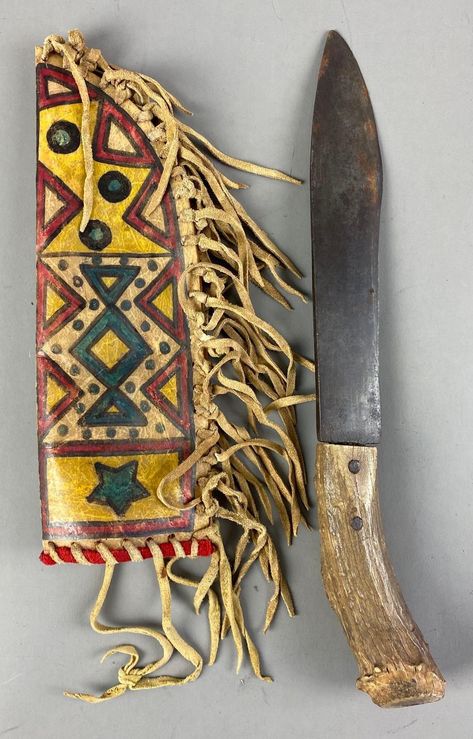 Native American Stag Handled Knife with Painted Leather Sheath Native American Knife, Painting Leather, Mountain Man, Leather Sheath, Old West, First Nations, Axes, Wild West, American Vintage