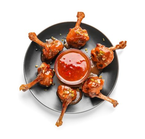 Plate with tasty chicken lollipops and s... | Premium Photo #Freepik #photo #food #restaurant #chinese #chicken Chicken Potato Soup, Chicken Lollipop, Barbecue Chicken Wings, Fat Burger, Raw Pork, Chicken Lollipops, Chicken And Chips, Tasty Chicken, Photo Food