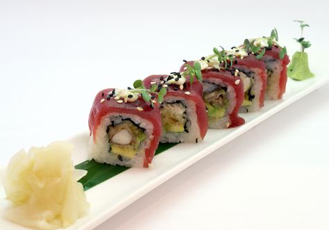 TUNA MAKI  Sliced tuna wrapped around a maki roll filled with soft shell crab Tuna Maki, Tuna Wrap, Maki Roll, Soft Shell Crab, Soft Shell, Tasty Dishes, Crab, Food And Drink, Rolls