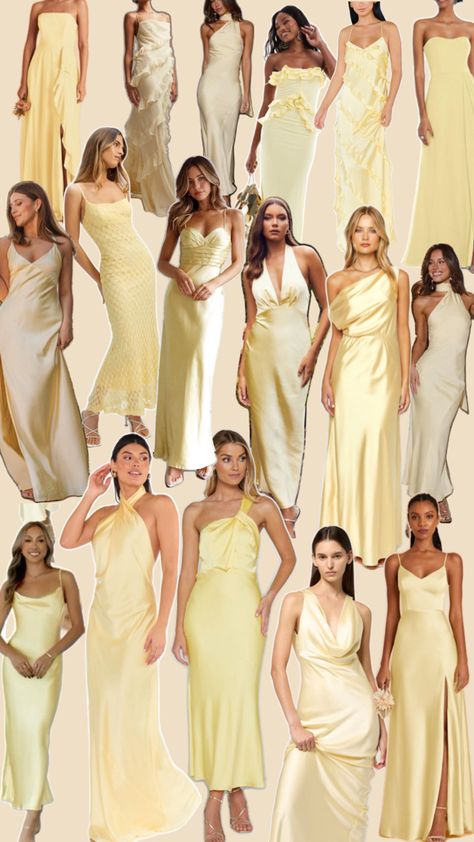 Yellow And Green Bridesmaid Dresses, Yellow And Blue Bridesmaid Dresses, Bridesmaid Mood Board, Butter Yellow Bridesmaid Dresses, Yellow Bridesmaid Dresses Mismatched, Light Yellow Bridesmaid Dresses, Capricorn Wedding, Pastel Yellow Bridesmaid Dresses, Pale Yellow Bridesmaid Dresses