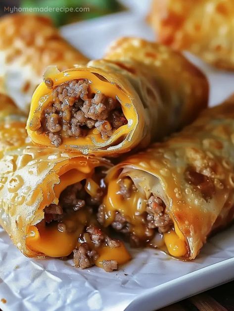 Savor the irresistible blend of crispy, golden eggroll wrappers filled with the juicy, savory goodness of a classic cheeseburger. This Cheeseburger Eggrolls dish is a delightful twist that promises a burst of flavor and texture, making it a must-try for any gathering. Air Fryer Cheeseburger Egg Rolls, Unique Beef Recipes, Boudin Eggroll Recipe, Cheeseburger Eggrolls Air Fryer, Good Meals To Make, Sandwich Fillings Ideas, Unique Ground Beef Recipes, Cheeseburger Eggrolls Recipe, Ground Beef Egg Rolls