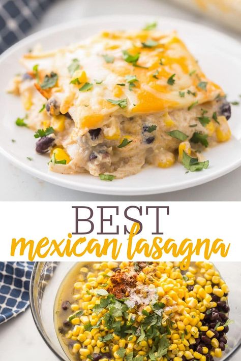 If you're a fan of Mexican food, you'll LOVE this Mexican Lasagna recipe! Flour tortillas layered with tons of cheese, shredded chicken, las palmas green chile enchilada sauce, black beans, corn, and lots of seasonings!! #mexicanlasagna #mexicanfood #mexicanlayeredcasserole #casserole #lasagna Mexican Lasagna With Tortillas, December Meals, Mexican Lasagne, Casserole Lasagna, Lasagna Recipe Videos, Mexican Lasagna Recipe, Enchilada Lasagna, Mexican Lasagna Recipes, Green Chile Enchilada Sauce