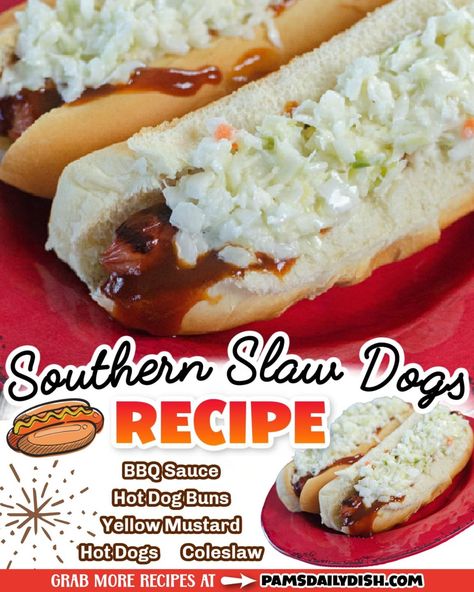 Southern Slaw Dogs Recipe This is a delicious and fun way to eat a hot dog. There’s no going back to just mustard on your hotdog after trying a slaw dog. A great Memorial Day BBQ treat! Recipe ➡️ https://pamsdailydish.com/southern-slaw-dogs-recipe/ Slaw Dogs Recipes, Hot Dog Slaw Recipe, Southern Slaw, Slaw Dog, Memorial Day Bbq, No Going Back, Slaw Recipes, Quesadillas, Treat Recipe