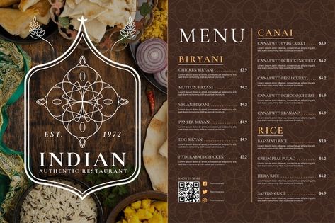 Indian Menu Design, Catering Menu Design, Menus Design, Indian Cafe, Thai Food Menu, Asian Paints Colours, Menu Cover Design, Indian Palace, Menu Sans Gluten