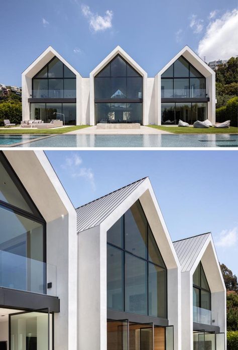 The eye-catching gabled design of this modern barn-inspired house, is easily seen upon approach to the house, and once inside, the wall of windows and doors at the other end of the wood-lined great room showcase the swimming pool and view. #ModernHouse #ModernArchitecture #HouseDesign #GabledRoof #GreatRoom A Line Roof House, Modern House Glass Exterior, Modern Glass House Architecture, Modern House With Roof, Large A Frame House Modern, Glass Modern House, Minimalist Glass House, California Modern Home, Modern Glass House Design Big Windows Exterior