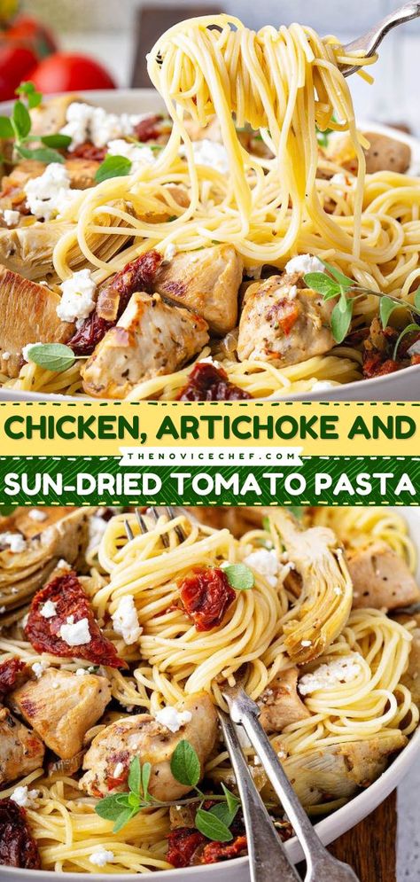 Chicken Artichoke Recipes, Chicken Artichoke Pasta, Artichoke Heart Recipes, Chicken Artichoke, Sundried Tomato Chicken, Sun Dried Tomato Pasta, Sundried Tomato Pasta, Novice Chef, Tomato Pasta Recipe