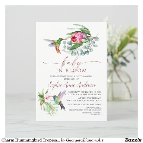 Hummingbird Invitations, Hummingbird Baby Shower Theme, Baby In Bloom Invitation, Hummingbird Wedding, Baby Hummingbirds, Watercolor Hummingbird, Tropical Baby Shower, Baby In Bloom, Baby Birth Announcement