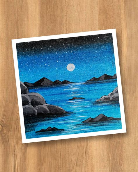 Landscape Art Oil Pastel, Landscape Paintings Oil Pastel, Nature Drawing Oil Pastel, Blend Oil Pastels, Oil Pastel Art Ideas Inspiration, Oil Pastels Drawings, Drawing Ideas Painting, Moonlight Drawing, Landscape Oil Pastel