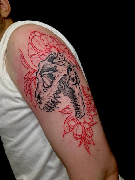 Red Ink Skull Tattoo, Trex Skull Tattoo, T Rex Skull Tattoo, Dinosaur Skull Tattoo, Rex Tattoo, Cat Skull Tattoo, T Rex Tattoo, T Rex Skull, Skull Tattoo Flowers