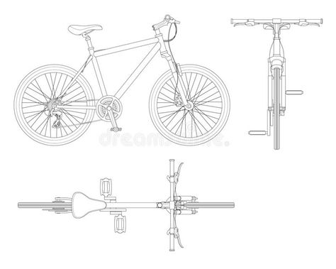 Flat outline cycling side view, back and top view isolated on white. royalty free illustration Bicycle Drawing, Cycle Drawing, Orthographic Drawing, Side View Drawing, Bike Silhouette, White Bike, Section Drawing, Bike Drawing, Skeleton Drawings