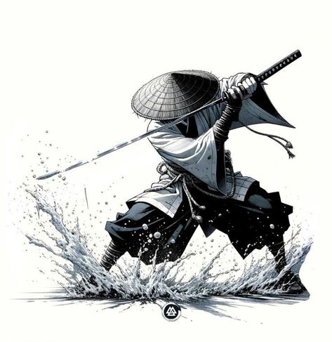 Samurai Hat Draw, Ninja Samurai Art, Samurai Pose Drawing, Japanese Samurai Drawing, Samurai Drawing Sketches, Samurai Warrior Drawing, Samurai Art Wallpaper, Water Samurai, Samurai Drawings