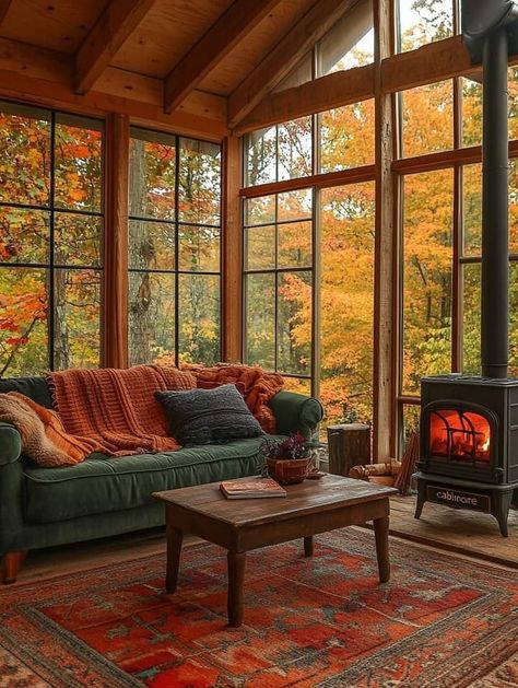 4 Season Room Under Deck, Wood Burning Stove In Sunroom, Four Season Room With Fireplace, Sunroom Fireplace Ideas, Three Season Room Ideas Enclosed Porches, Four Seasons Room Decor, Cabin Sunroom, Sunroom Furniture Layout, 3 Seasons Room