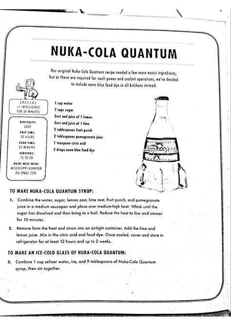 Fallout Cookbook, Fallout Recipes, Dnd Recipes, Fallout Food, Nuka Cola Recipe, Geek Recipes, Nerdy Recipes, Soda Stream Recipes, Nuka Cola Quantum