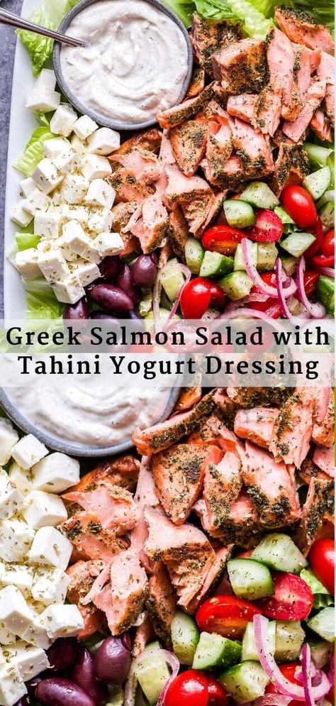 Greek Salmon, Greek Salad Ingredients, Healthy Grilled, Salmon Salad Recipes, Creamy Dressing, Yogurt Dressing, Healthy Grilling, Main Dish Salads, Salmon Salad