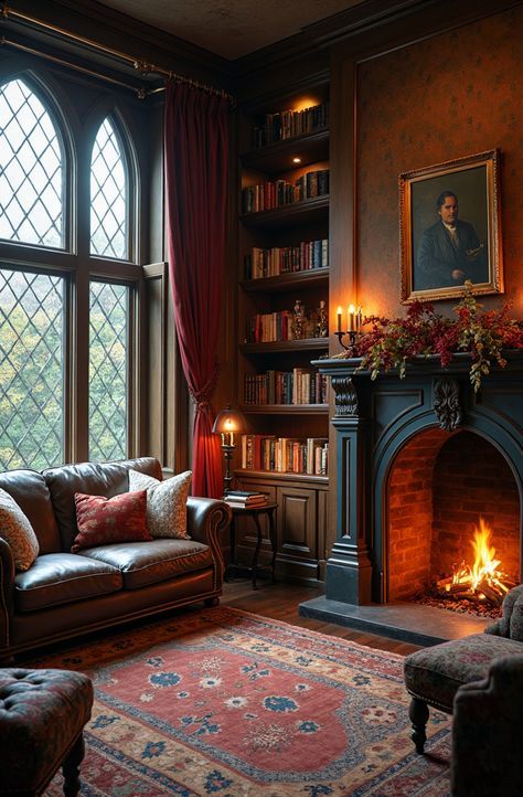 Victorian Cozy House, Victoria Homes Interior, Antique Rustic Living Room, Medieval Inspired Living Room, Victorian Great Room, 1800 Victorian Home, Victorian Corner Fireplace, Winter Victorian House, Victorian Living Room Aesthetic