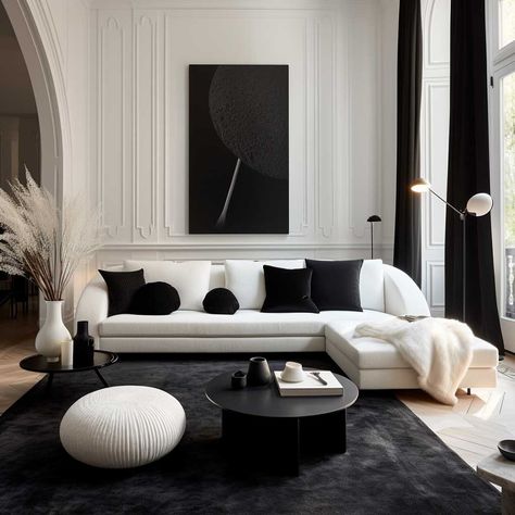 Bedroom Design Black And White, Black And White Living Rooms, Bedroom Design Black, Black And White Living Room Ideas, White Living Rooms, Home Decor Ideas Black, White Living Room Ideas, Ivory Living Room, White Sofa Living Room