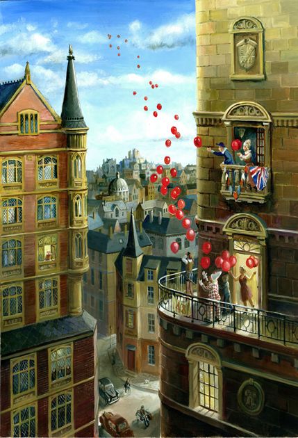 48 Red Balloons by Phil Lockwood Phil Lockwood, Lockwood And Co Book Fanart, Lockwood And Co Poster, Phil Lockwood Paintings, Phil Greenwood Paintings, Lockwood And Co Skull, Comfort Art, Poetry Art, Perspective Art