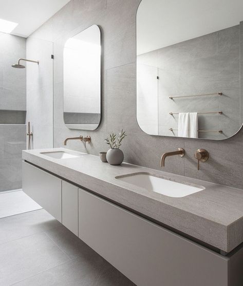 Undermount Bathroom Sink Ideas, Undermount Basin Bathroom, Bathroom Grey Stone, Bathroom Undermount Sink Ideas, Stone Grey Bathroom, Light Gray Bathroom Tile, Light Gray Bathroom Ideas, Gray Stone Bathroom, Modern Ensuite Bathroom Ideas