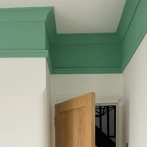 Claire Moran Designs - Interior Design Studio on Instagram: "Couldn’t resist a midday progress pic of our kids bedroom project, but this colour makes me so happy. Love seeing it against the crisp white walls, the picture rail we added in to reinstate some of the period features back into the room, the raw floor that will pretty much stay this colour and the brass socket. Hope you’re all having a lovely Thursday. I’m knee deep in plans and choosing bathroom tiles. Colours are @farrowandball Arsenic and All White Picture rail from @skirtingworld (gifted) #kidsbedroomdesign #kidsbedroomdecor #kidsbedroom #kidsbedroomideas #farrowandballarsenic #mycolourfulhome #mycolourfulinterior #colourfulhomes #childrensbedroom #childrensbedroomdesign #childrensbedroomdecor #houserenovation #house Picture Rail Colour Ideas, Bathroom Picture Rail, Coloured Picture Rail, Colourful Study Room, 1930s Picture Rail, Paint Above Picture Rail, Painted Picture Rail, Bedroom With Picture Rail, Painted Ceiling Kids Room