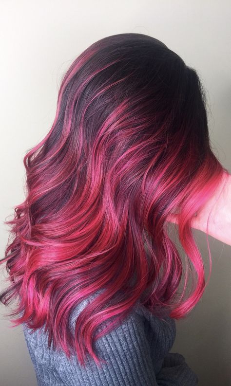 Magenta On Dark Hair, Red And Pink Balayage, Fushia Balayage Hair, Magenta Hair With Pink Highlights, Magenta Highlights On Dark Hair, Pink Balayage Black Hair, Dark Pink Balayage, Hot Pink Balayage, Magenta Balayage