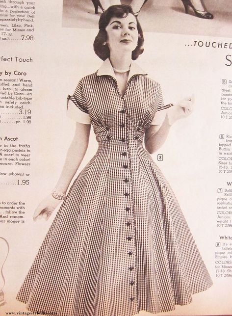 1950s Dress | From a 1956 Speigel Catalog- Fabulous princess style button front dress. 1950s Fashion/ 1950s Style #1950s #1950sfashion #1950sstyle #dress #vintagedress #vintagestyle #catalog Fashion 1950s Style, 50 Style Dresses, 1950 Women, Decades Fashion, 1950s Fashion Women, Fashion 1950, Outfit Reference, Roll Dress, 1950s Fashion Dresses