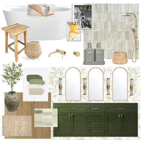 White Green Gold Bathroom, Green Bathroom Mood Board, Bathroom With Green Accents, Green Gold Bathroom, Green And Gold Bathroom, Magazine Wall Art, Bathroom Moodboard, Bathroom Inspo Interior Design, Green Moodboard