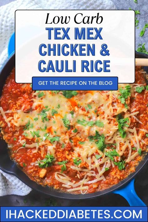 Low Carb Tex-Mex Chicken and Cauliflower Rice Keto Cauliflower Rice Recipes Low Carb, Chicken And Cauliflower Rice Recipes, Recipes With Diced Tomatoes, Chicken And Cauliflower Rice, Volume Eating, Chicken And Cauliflower, Cauliflower Alfredo Sauce, Cauliflower Rice Recipe, Chicken Marinara