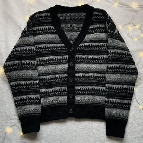 Romwe grandpa cardigan ♡ 

❥ black and grey... - Depop Grunge Cardigan, Grandpa Cardigan Outfit Aesthetic, Black Long Sleeve Patchwork Cardigan, Dark Grey Cardigan, Grandpa Cardigan, Black Cardigan, Style Board, Black And Grey, Wardrobe