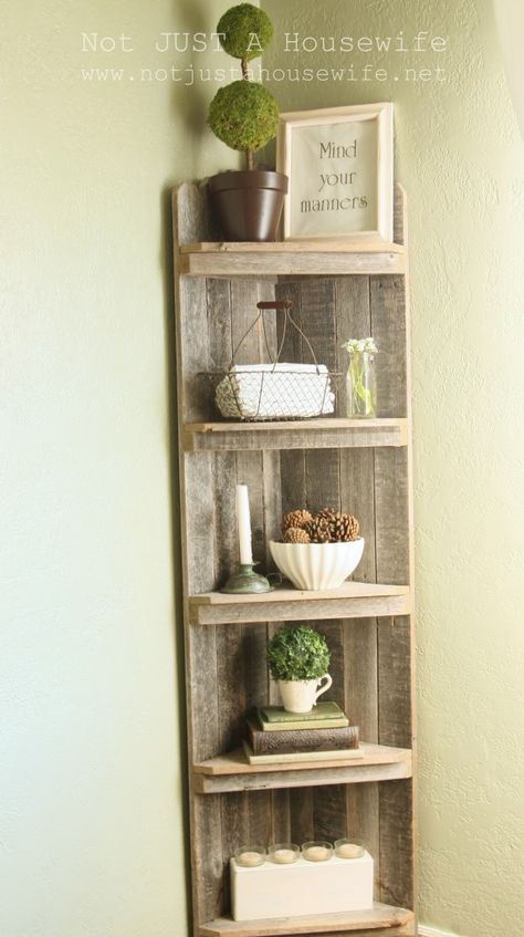 For corner of bathroom/laundry area  This would be a great DIY using vinegar stain instead of real barn wood Kitchen Corner Shelves, Rustic Corner Shelf, Dining Room Updates, Barn Wood Projects, Pallet Shelves, Kitchen Corner, Corner Shelf, In The Corner, Diy Pallet Projects