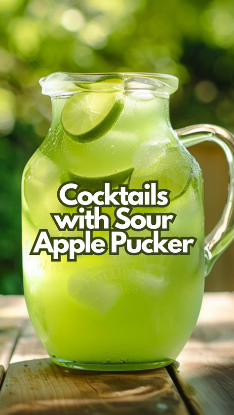 Cocktails with Sour Apple Pucker Sour Apple Pucker Shots, Sour Green Apple Cocktail, Drink Apple Sourz, Apple Sour Cocktail, Green Apple Schnapps Drinks, Pucker Drinks Recipes, Apple Pucker Cocktails, Green Apple Alcohol Drinks, Sour Apple Cocktails