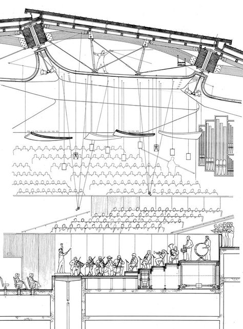 Detailed Section, Auditorium Plan, Renzo Piano Architecture, Auditorium Architecture, Auditorium Design, Workshop Projects, Building Workshop, Theater Architecture, Renzo Piano