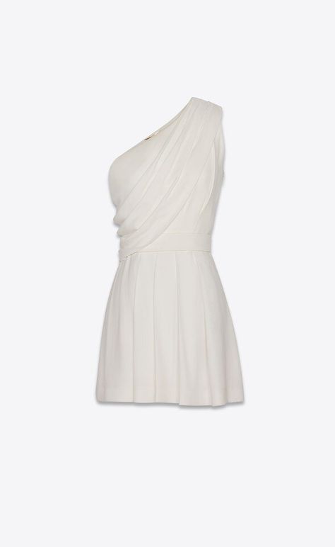 Saint Laurent One-Shoulder Pleated Dress in Saint Laurent Sablé53% ACETATE, 47% VISCOSESILK Chanel White Dress, Ysl Clothes, Ysl Dress, Teen Fashion Trends, Saint Laurent Dress, Chanel White, Mini Dress Fashion, Kpop Fashion Outfits, Kpop Outfits