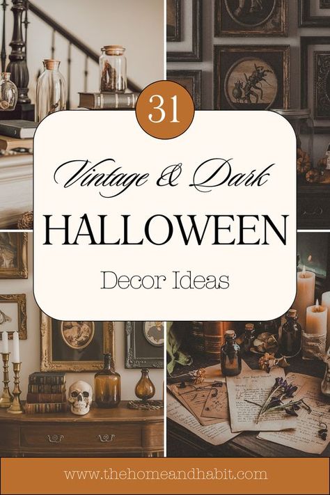 Uncover the perfect blend of vintage Halloween charm and dark academia decor. Our latest blog post showcases 31 hauntingly elegant decor ideas to transform your space into a sophisticated autumnal haven. Learn how to incorporate witchy elements and timeless pieces for a truly captivating atmosphere. Read the post to find inspiration for your perfect Halloween ambiance. #VintageHalloween #DarkAcademia #FallDecor #TimelessHaunts #HalloweenDecor #ElegantHalloweenDecor #VintageHalloweenDecorations Halloween Academia Aesthetic, Halloween Decorations Apothecary, Frankenstein Room Decor, Gothic Halloween Diy Decor, Spooky Elegant Halloween, Kitchy Halloween Decor, Vintage Fall Decor Ideas Diy, Halloween Victorian Decor, Dark Academia Tablescape