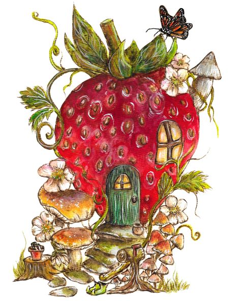 This 8x10 art print from my original pyrography and watercolor illustration, Strawberry Cottage is printed on a premium-grade gloss stock paper.  The print will be signed and packaged in a protective sheet.  Thank you so much for your support!  Please contact me with any questions or concerns <3 Fairy House Illustration, Illustration Strawberry, Strawberry Cottage, Strawberry Fairy, Strawberry Watercolor, Cottage Prints, Cottagecore Art, Storybook Art, Fairy Cottage