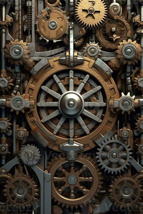 gears and wheels are arranged in a wall of metal. generative ai. Cogs And Gears Aesthetic, Gears Aesthetic, Cogs And Gears, Watch Locket, Vector Nature, Mechanical Art, Costume Contest, Pocket Watches, Dance Costume