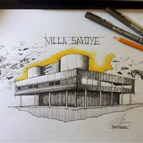 Villa savoye ink + colored pencils Villa Savoye Sketch, Villa Savoye, Perspective Sketch, Architecture Drawing Sketchbooks, Perspective Drawing Architecture, Architecture Drawing Plan, Concept Models Architecture, Architectural Sketches, Building Sketch