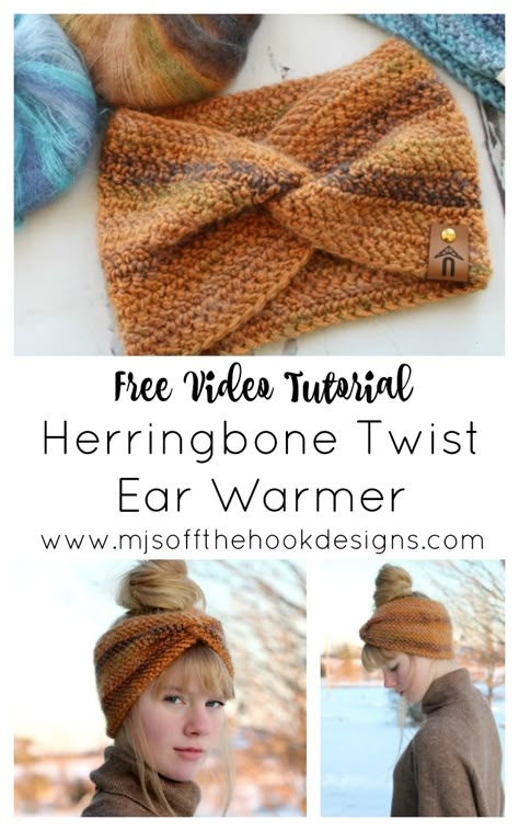 Herringbone Twist Ear Warmer - MJ's off the Hook Designs #Crochetpattern #twistheadband #crochetheadband #crochetearwarmer #crochetheadwrap #fallfashion #winterfashion #winterhat #messybun #style #diyfashion #herringbonestitch #teenstyle Crochet Herringbone, Crochet Ear Warmers, Crochet Ear Warmer Pattern, Bandeau Au Crochet, Crochet Headbands, Crochet Headband Pattern, Crochet Ear Warmer, Diy Vetement, Knitted Headband