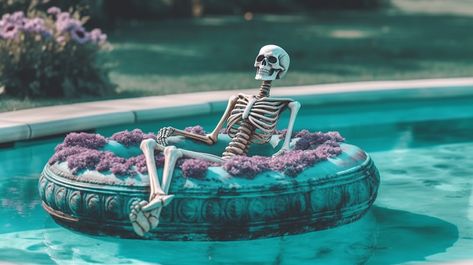 summerween, skeleton on a pool floatie, halloween vibes in the summer time. Summerween Party, Hay Bale Art, Boxing Halloween Costume, 32 Birthday, Summer Goth, Themed Drinks, Halloween Horror Nights, Classic Horror Movies, Summer Barbecue