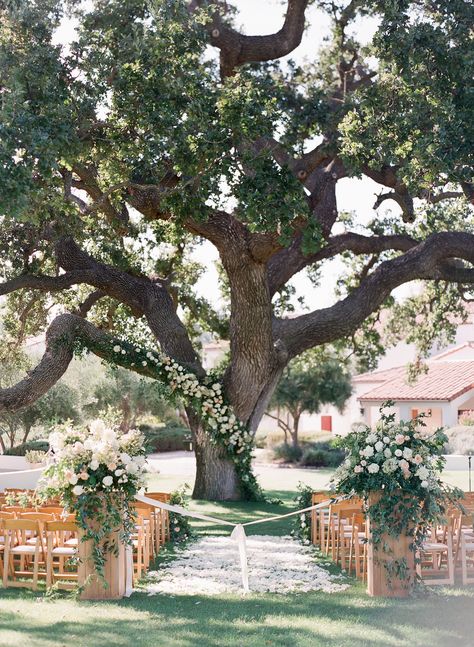 All White Ceremony, Wedding Ceremony Design, Tree Wedding Ceremony, Colorful Fall Wedding, White Ceremony, Fall Wedding Reception, Ojai Valley Inn, Ojai Wedding, Cottagecore Wedding