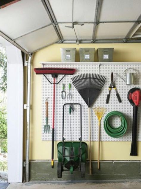 I like the shelf up top Use a Pegboard to Make Space - 49 Brilliant Garage Organization Tips, Ideas and DIY Projects Eames Design, Organizing Tools, Garage Organization Tips, Pegboard Organization, Small Garage, Garage Organize, Garage Remodel, Organisation Hacks, Diy Garage Storage