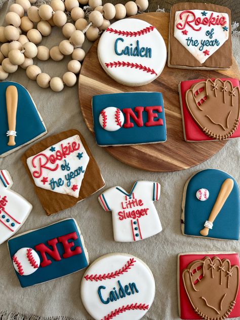 Decorated sugar cookies Baseball Cookies, Baseball Theme Birthday, Baseball First Birthday, Boys First Birthday Party Ideas, Boys 1st Birthday Party Ideas, Baby Boy 1st Birthday Party, Baseball Birthday Party, Rookie Of The Year, First Birthday Party Themes