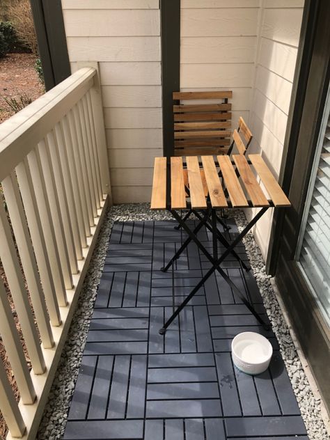 Balcony Deck Tiles, Ikea Decking Ideas, Ikea Deck Tiles, Ikea Deck, Balcony Tiles, Small Apartment Balcony Ideas, Decking Tiles, Small Patio Furniture, Garden Escape