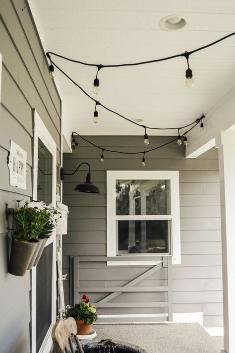 Farmhouse Spring Front Porch, Porch String Lights, Farmhouse Wall Lighting, Future Farmhouse, Spring Front Porch, Front Porch Lighting, Farmhouse Front Porches, Side Porch, Fall Front Porch Decor