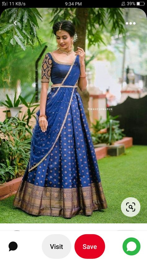 Muhurtham Lehenga, Dark Blue Half Saree Combination, South Indian Lehenga Half Saree Simple, South Indian Pattu Langa, Lehanga Hand Designs, Violet Half Saree Pattu, Navy Blue Half Saree, Lehanga Kerala Style, Dark Blue Half Saree